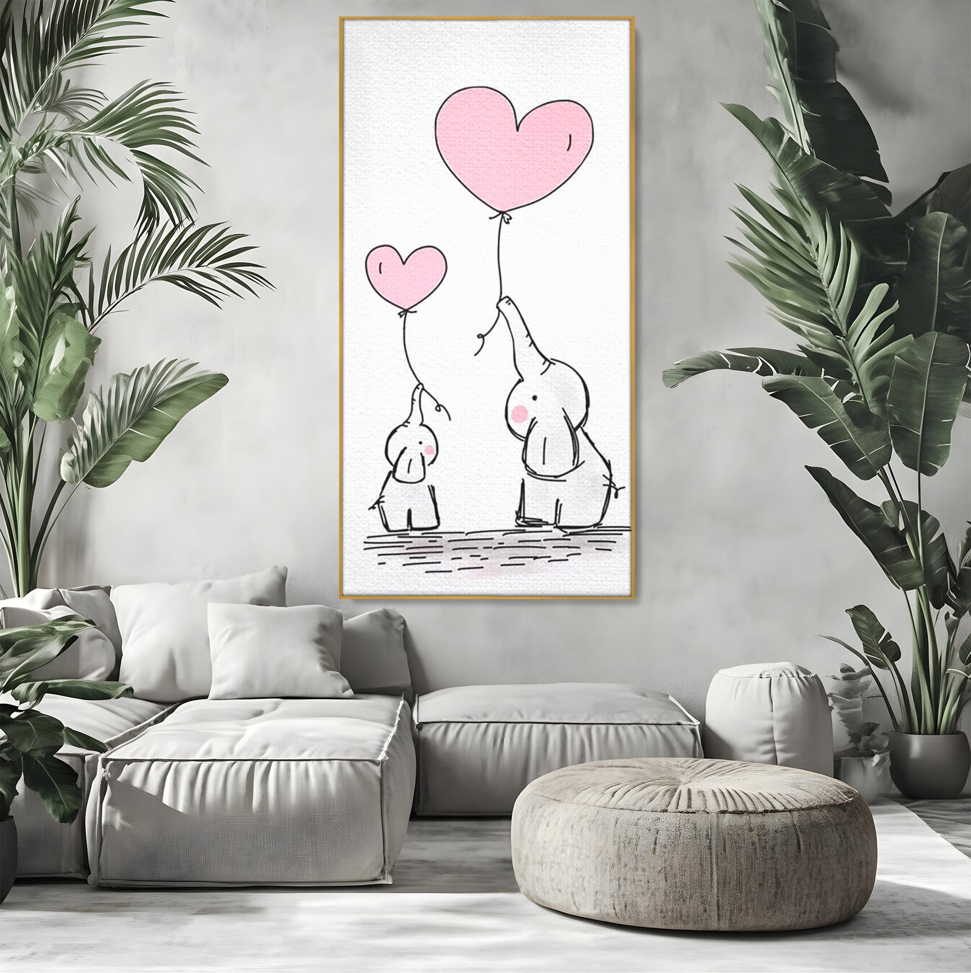 Tablou canvas cu ilustratie cu elefanti si baloane, in rama de aluminiu auriu, pe perete intr-un living